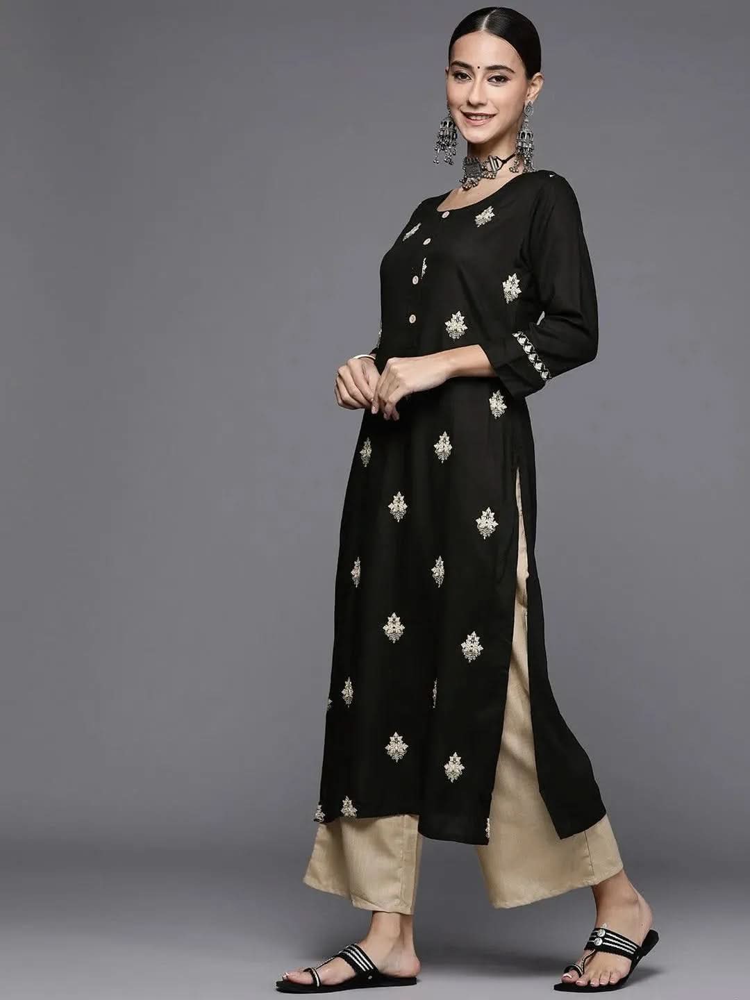 Anouk Black Embroidered Rayon Straight Kurta With Palazzos