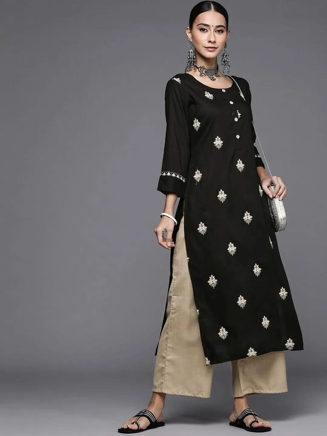 Anouk Black Embroidered Rayon Straight Kurta With Palazzos