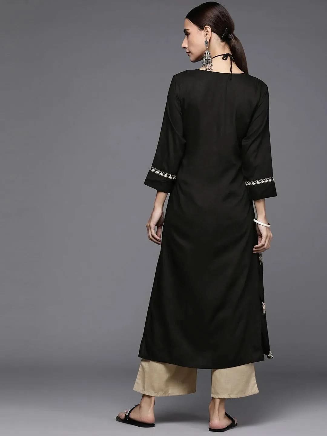 Anouk Black Embroidered Rayon Straight Kurta With Palazzos