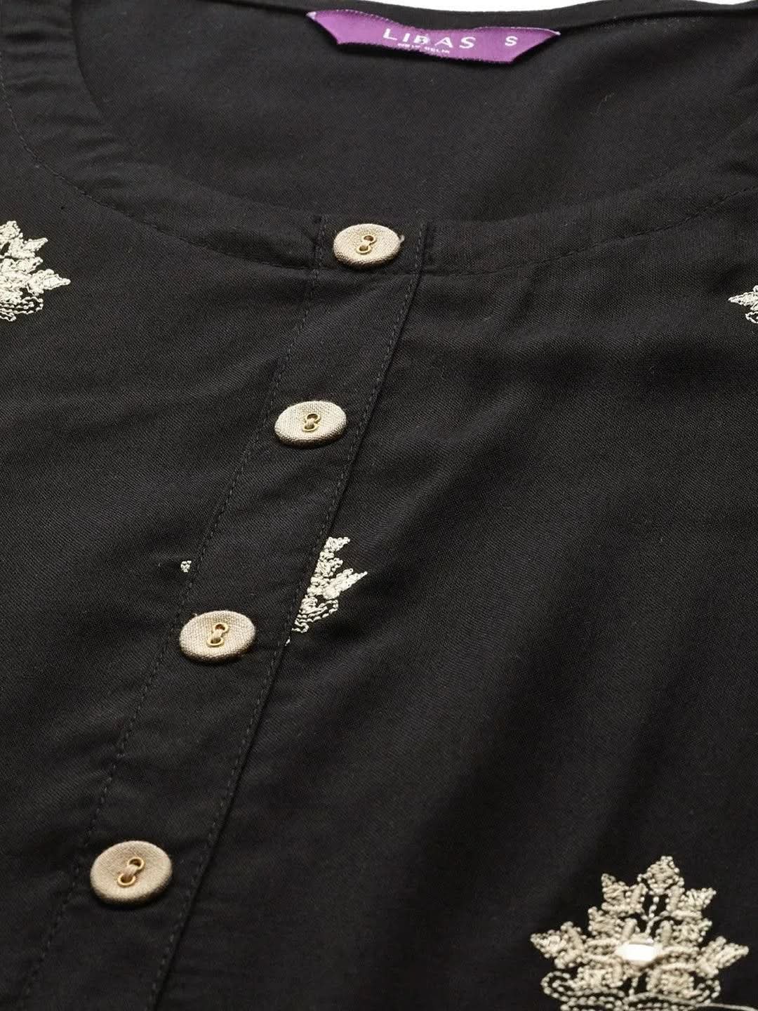 Anouk Black Embroidered Rayon Straight Kurta With Palazzos