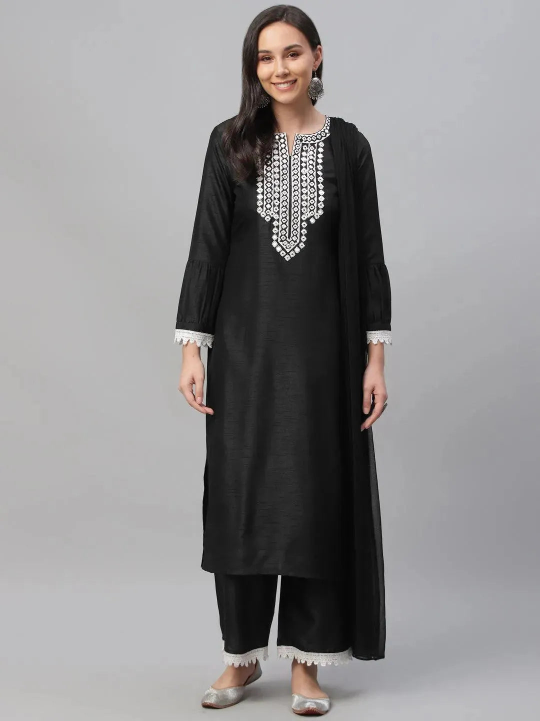 Anouk Black Embroidered Shantoon Straight Kurta With Palazzos & Dupatta