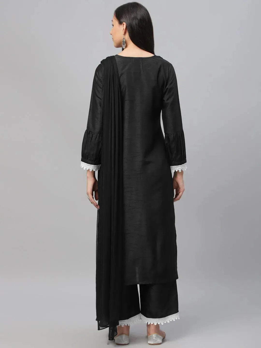 Anouk Black Embroidered Shantoon Straight Kurta With Palazzos & Dupatta