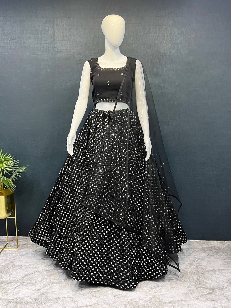 Black Exquisite Heavy Georgette Embroidered Lehenga Set with Sequins & Net Dupatta
