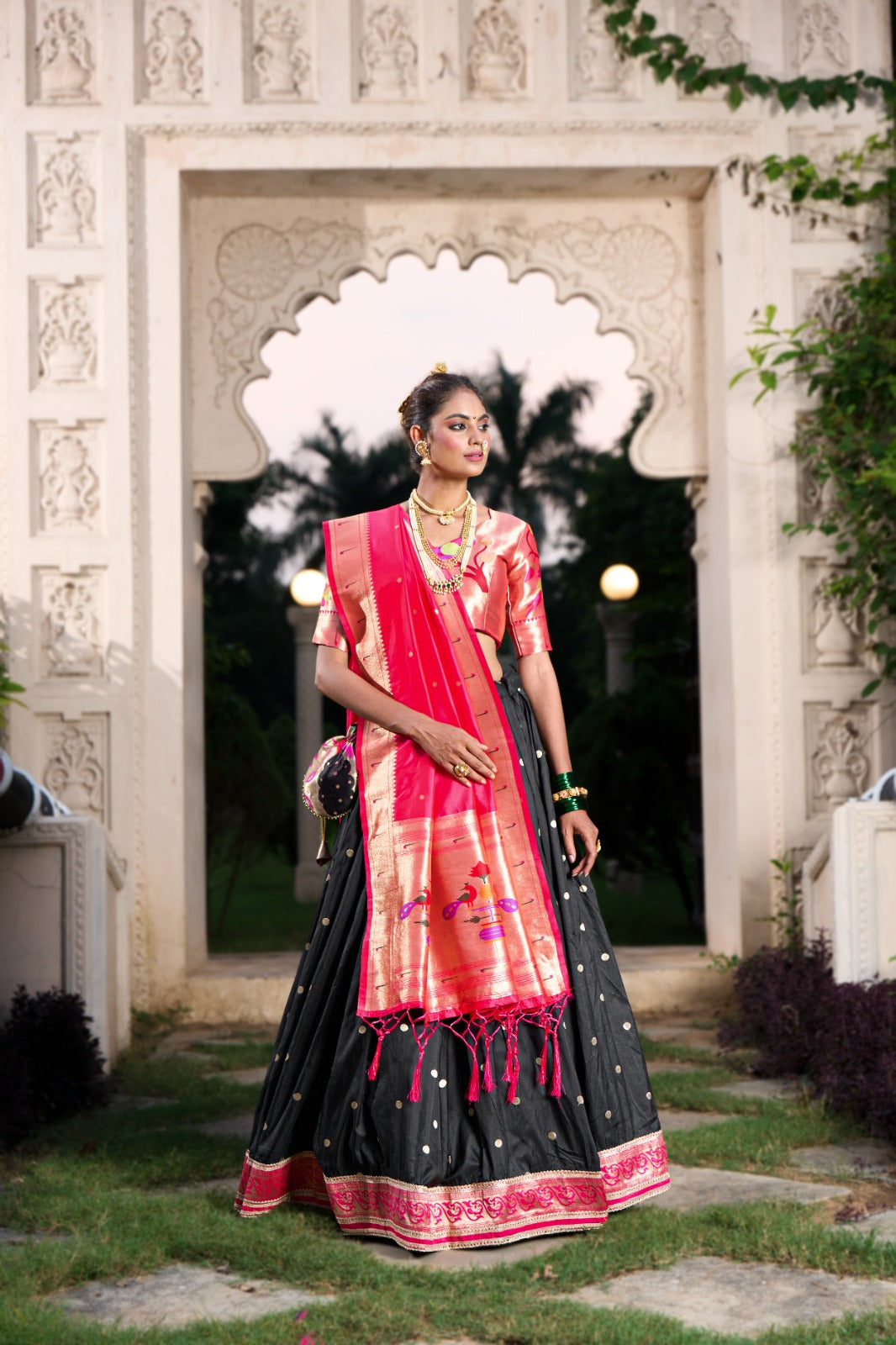 Black Exquisite Jacquard Silk Paithani Lehenga with Zari Weaving Work & Matching Batwa