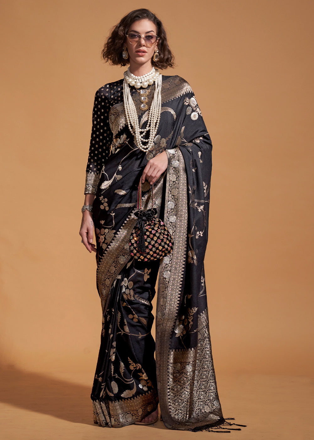 Black Fairytale Banarasi Georgette Silk Saree with Brocade Blouse – Summer Glam Edition