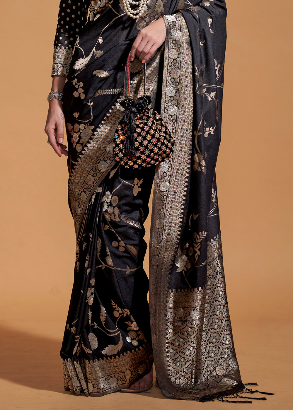 Black Fairytale Banarasi Georgette Silk Saree with Brocade Blouse – Summer Glam Edition