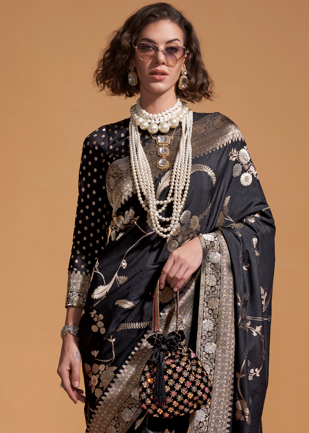 Black Fairytale Banarasi Georgette Silk Saree with Brocade Blouse – Summer Glam Edition