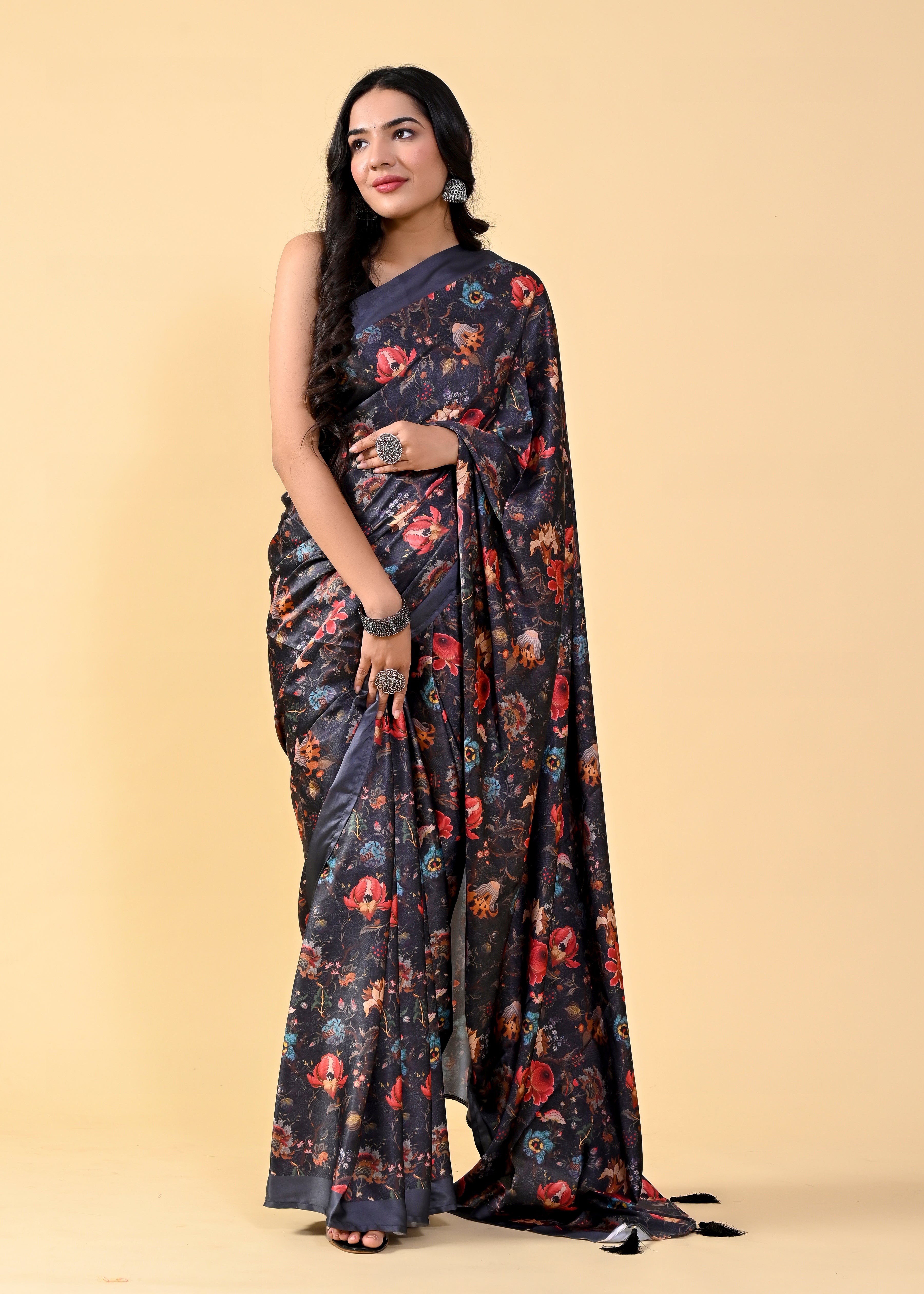 Black Floral Digital Printed Heavy Satin Silk Saree with Black Silk Blouse
