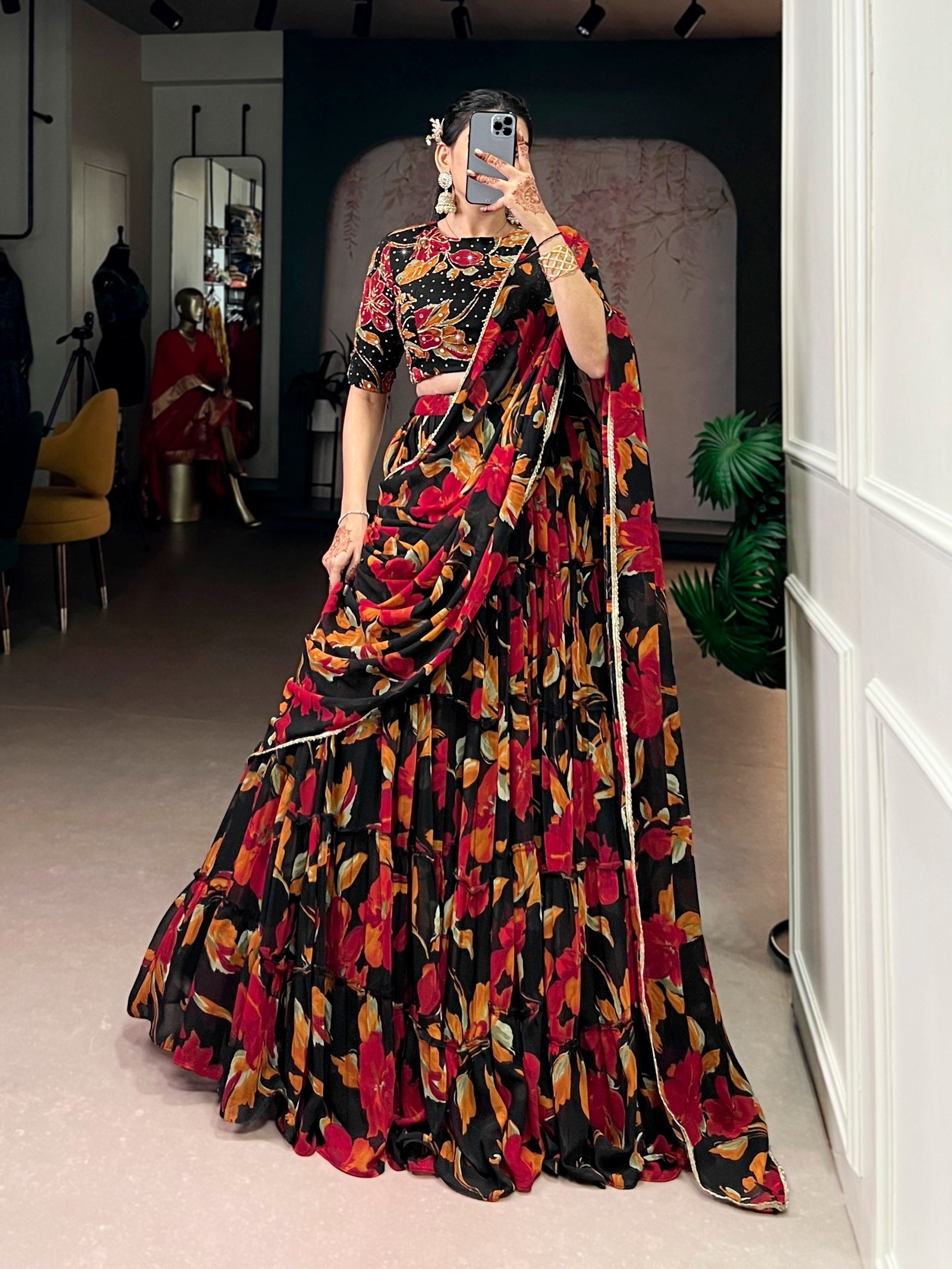 Black Floral Printed Lehenga Choli Set