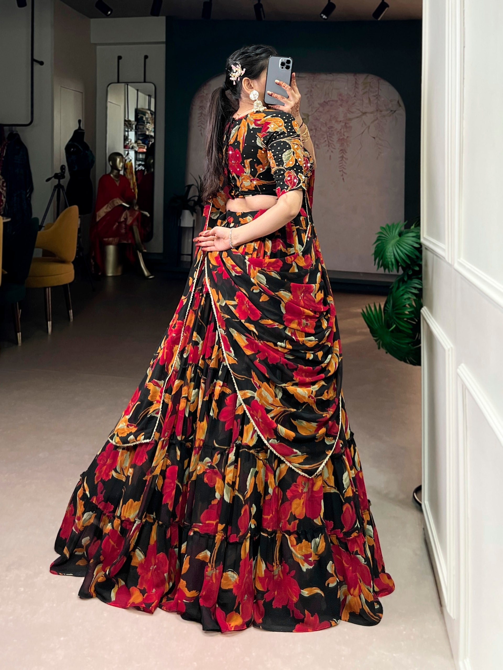 Black Floral Printed Lehenga Choli Set