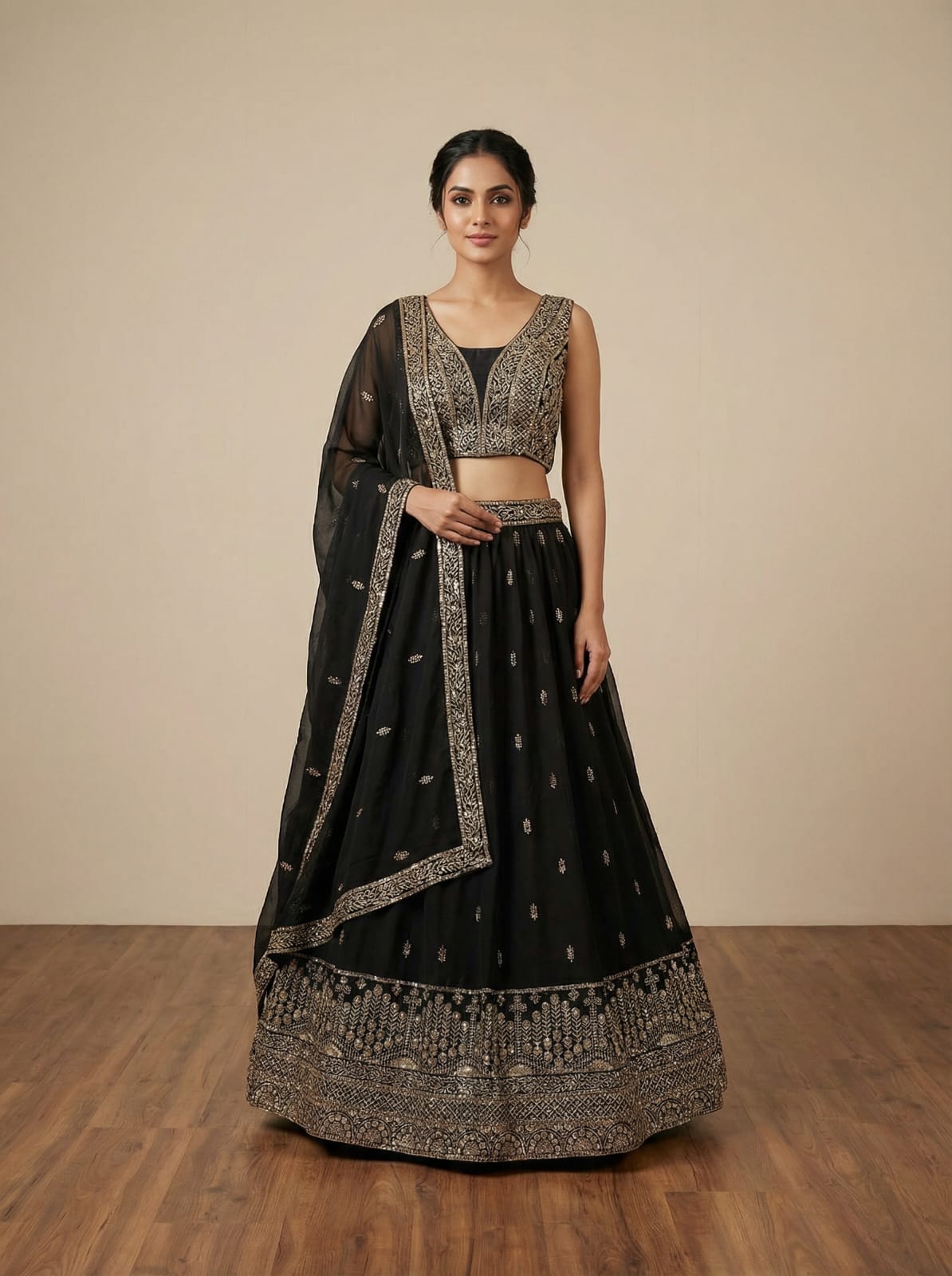 Black Georgette Embroidered Lehenga Set