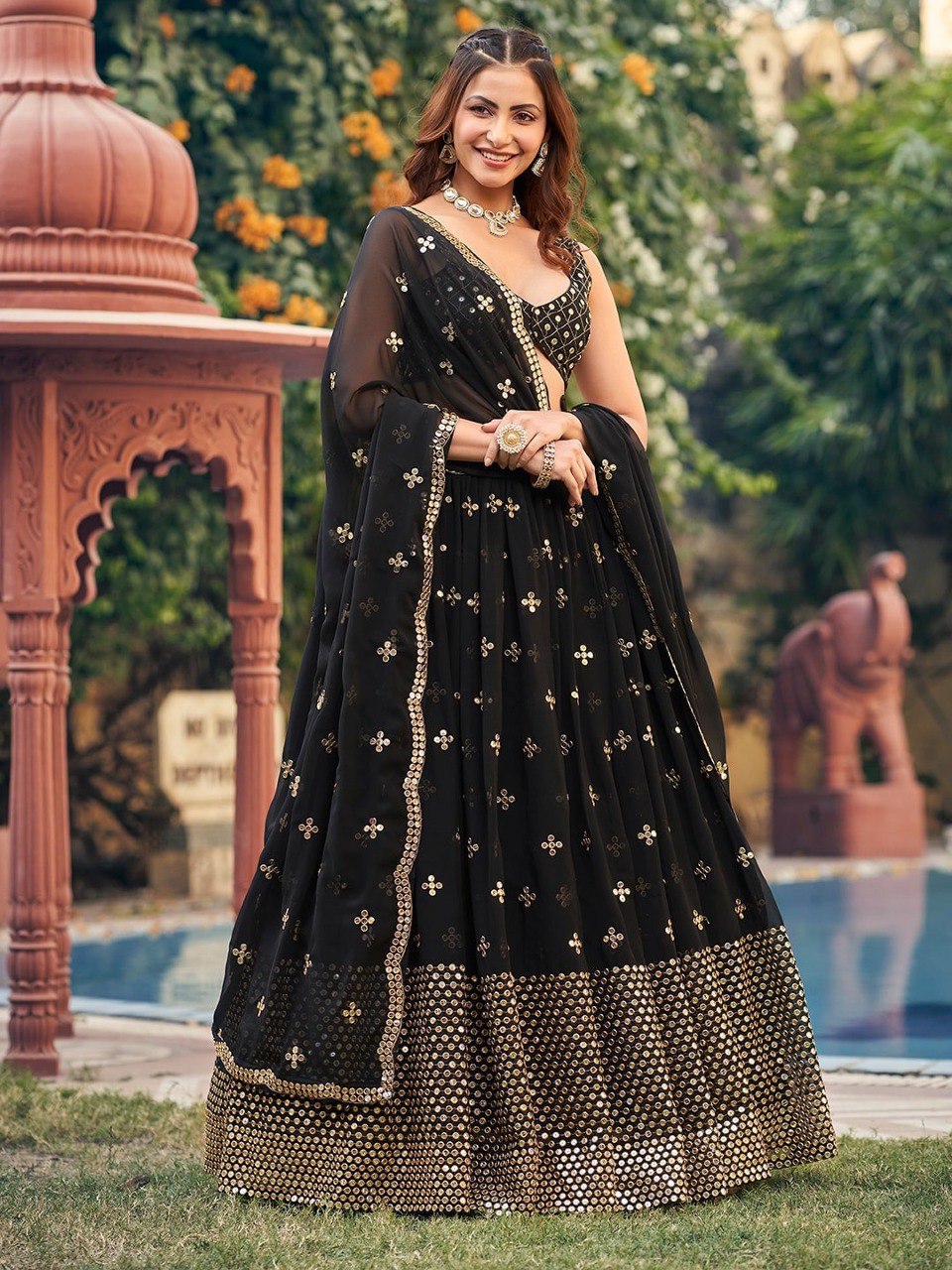Black Georgette Lehenga Choli Set with 7MM Sequins & Zari Embroidery – Festive Semi-Stitched Ensemble