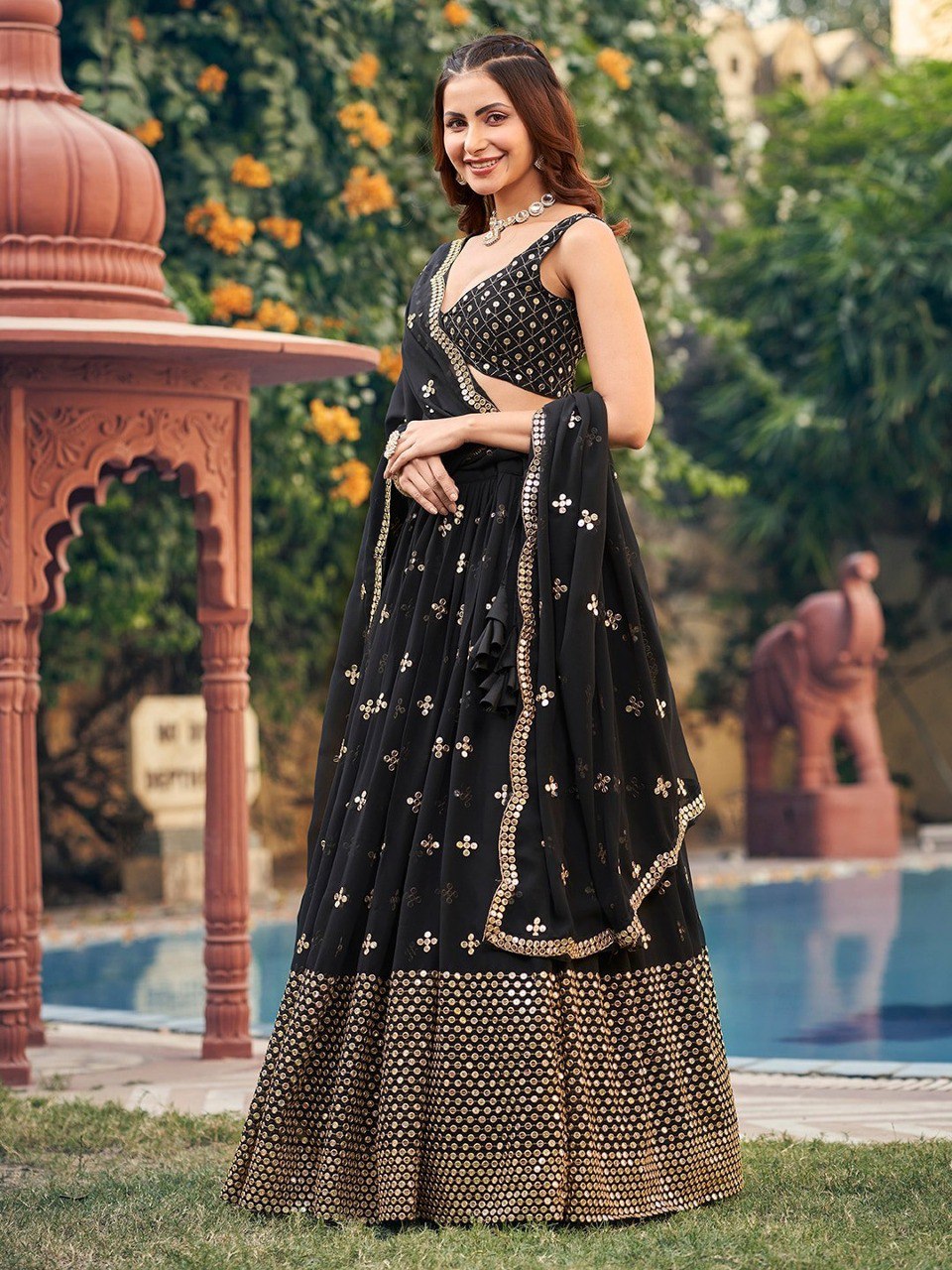 Black Georgette Lehenga Choli Set with 7MM Sequins & Zari Embroidery – Festive Semi-Stitched Ensemble
