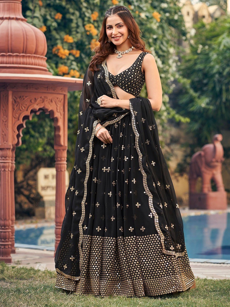Black Georgette Lehenga Choli Set with 7MM Sequins & Zari Embroidery – Festive Semi-Stitched Ensemble