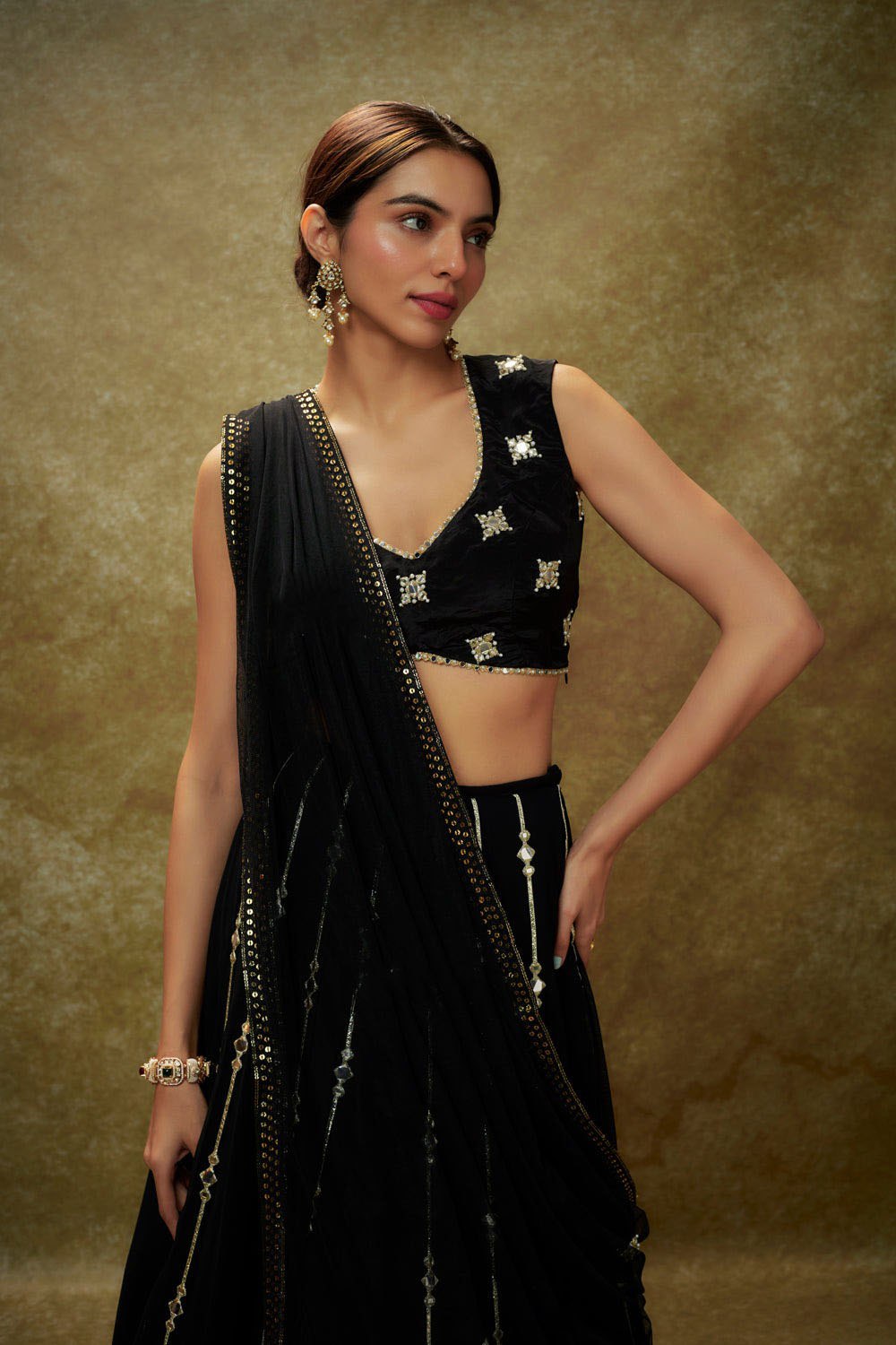 Black Georgette Lehenga Set with Sequins, Jari & Paper Mirror Embroidery – Semi-Stitched with Dupatta
