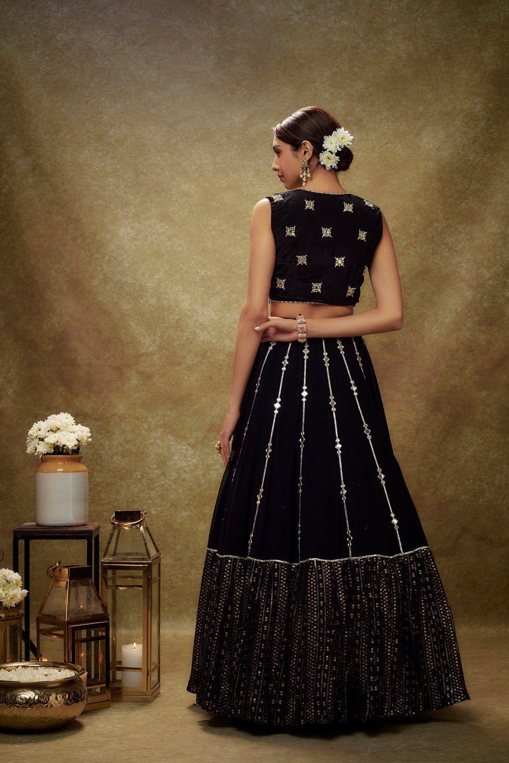 Black Georgette Lehenga Set with Sequins, Jari & Paper Mirror Embroidery – Semi-Stitched with Dupatta