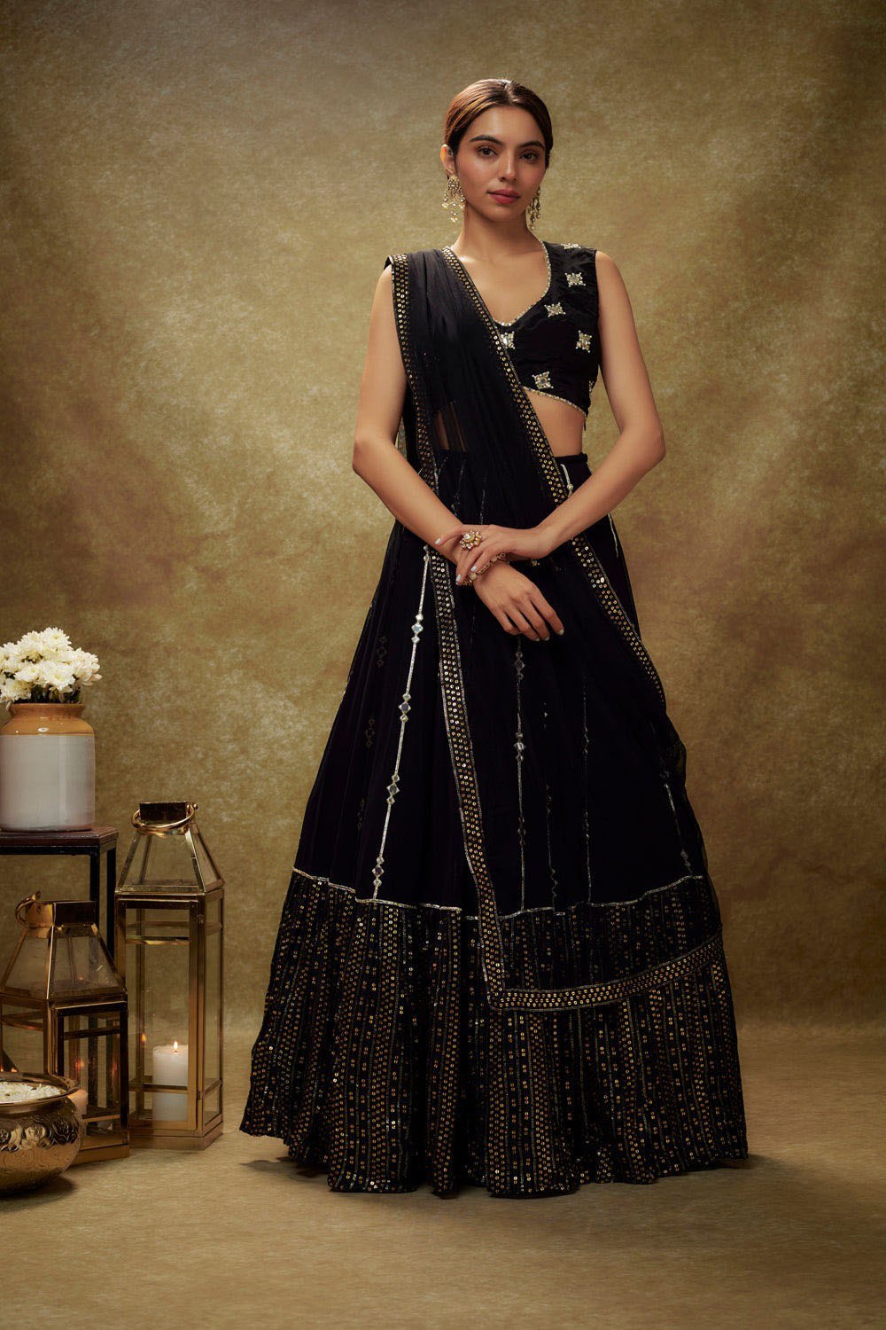 Black Georgette Lehenga Set with Sequins, Jari & Paper Mirror Embroidery – Semi-Stitched with Dupatta