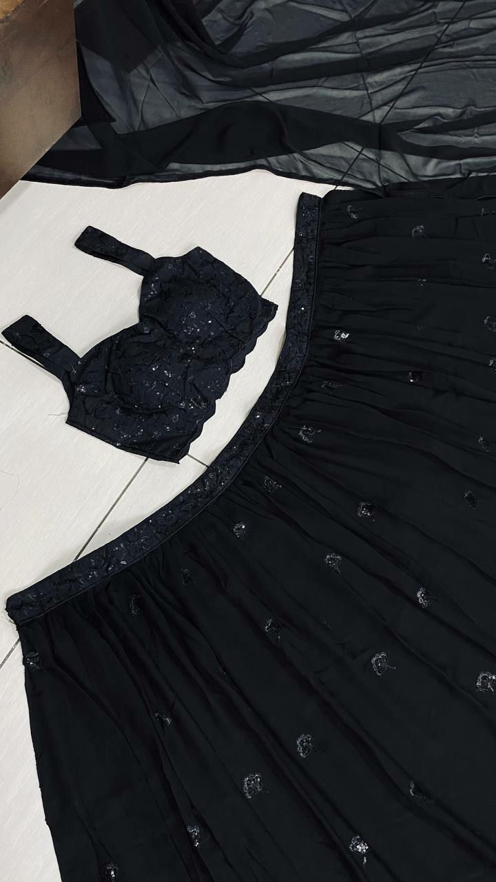Black Georgette Sequin & Thread Work Lehenga Set with Dupatta