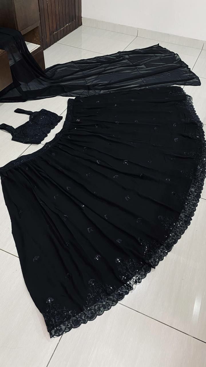 Black Georgette Sequin & Thread Work Lehenga Set with Dupatta