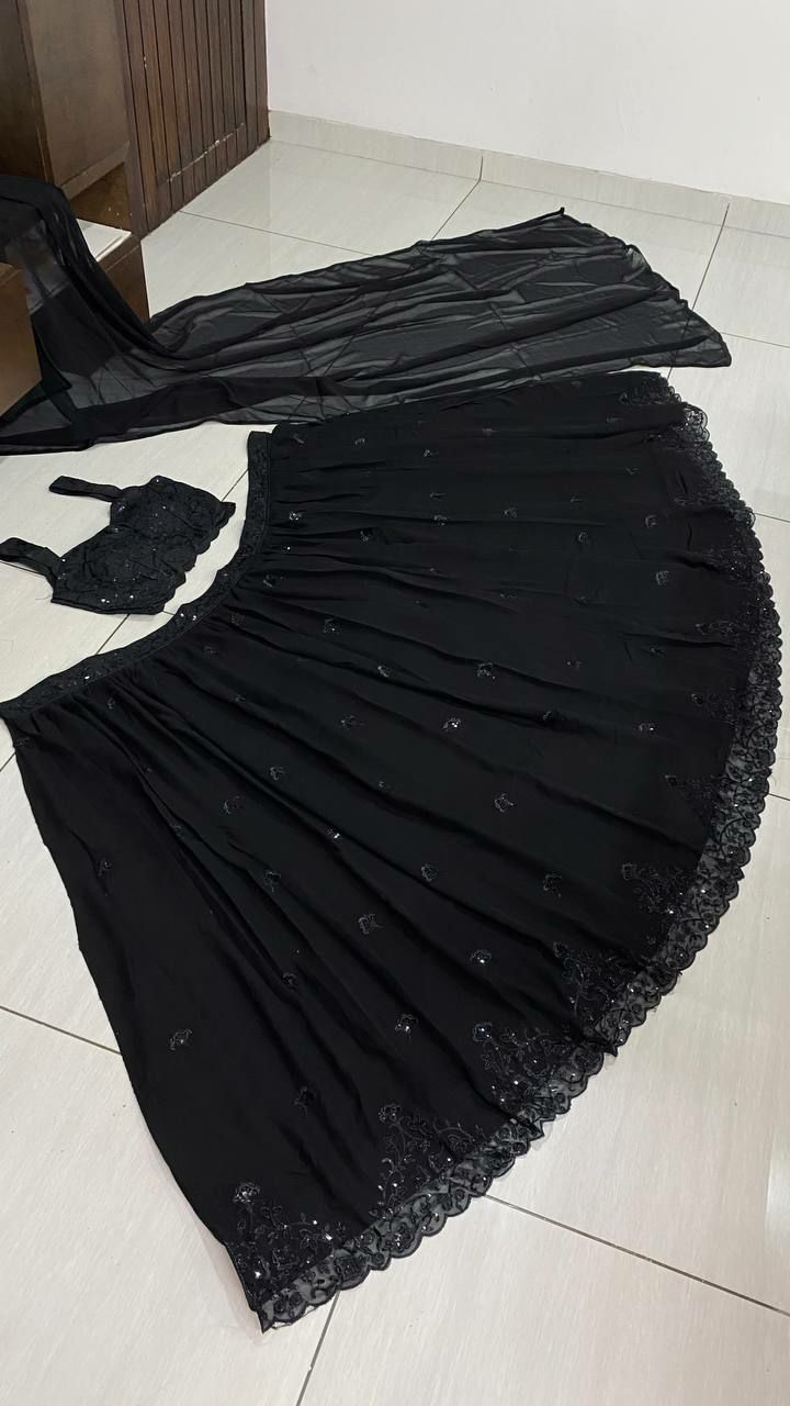 Black Georgette Sequin & Thread Work Lehenga Set with Dupatta