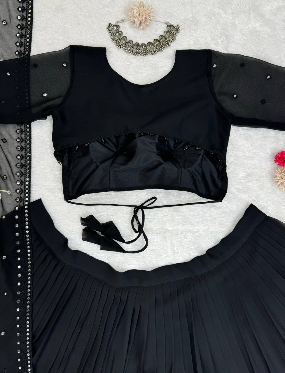 Black Glamorous Faux Georgette Lehenga Choli with Sequins & Lace Dupatta