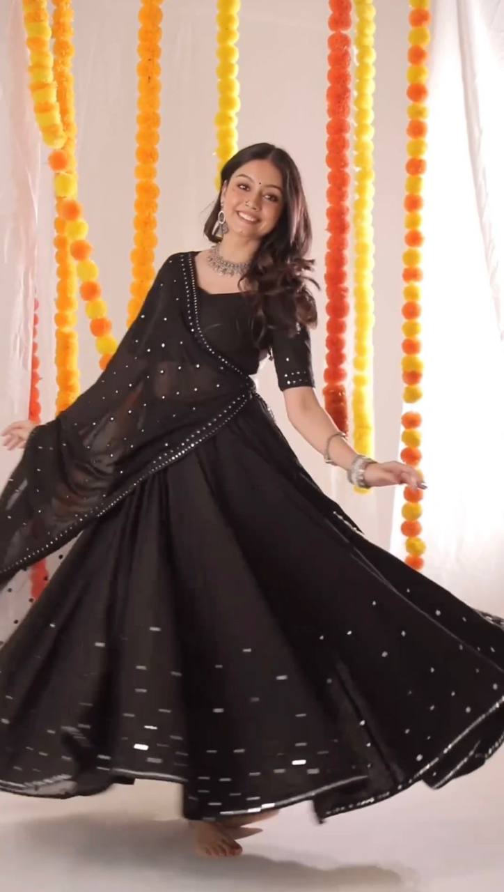 Black Glamorous Faux Georgette Lehenga Choli with Sequins & Lace Dupatta