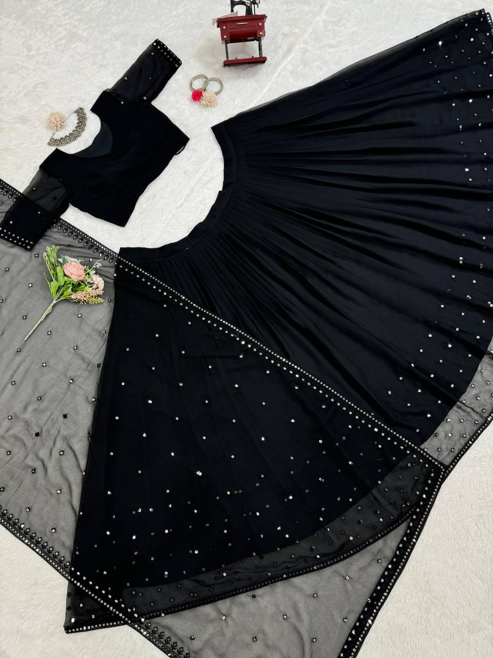 Black Glamorous Faux Georgette Lehenga Choli with Sequins & Lace Dupatta