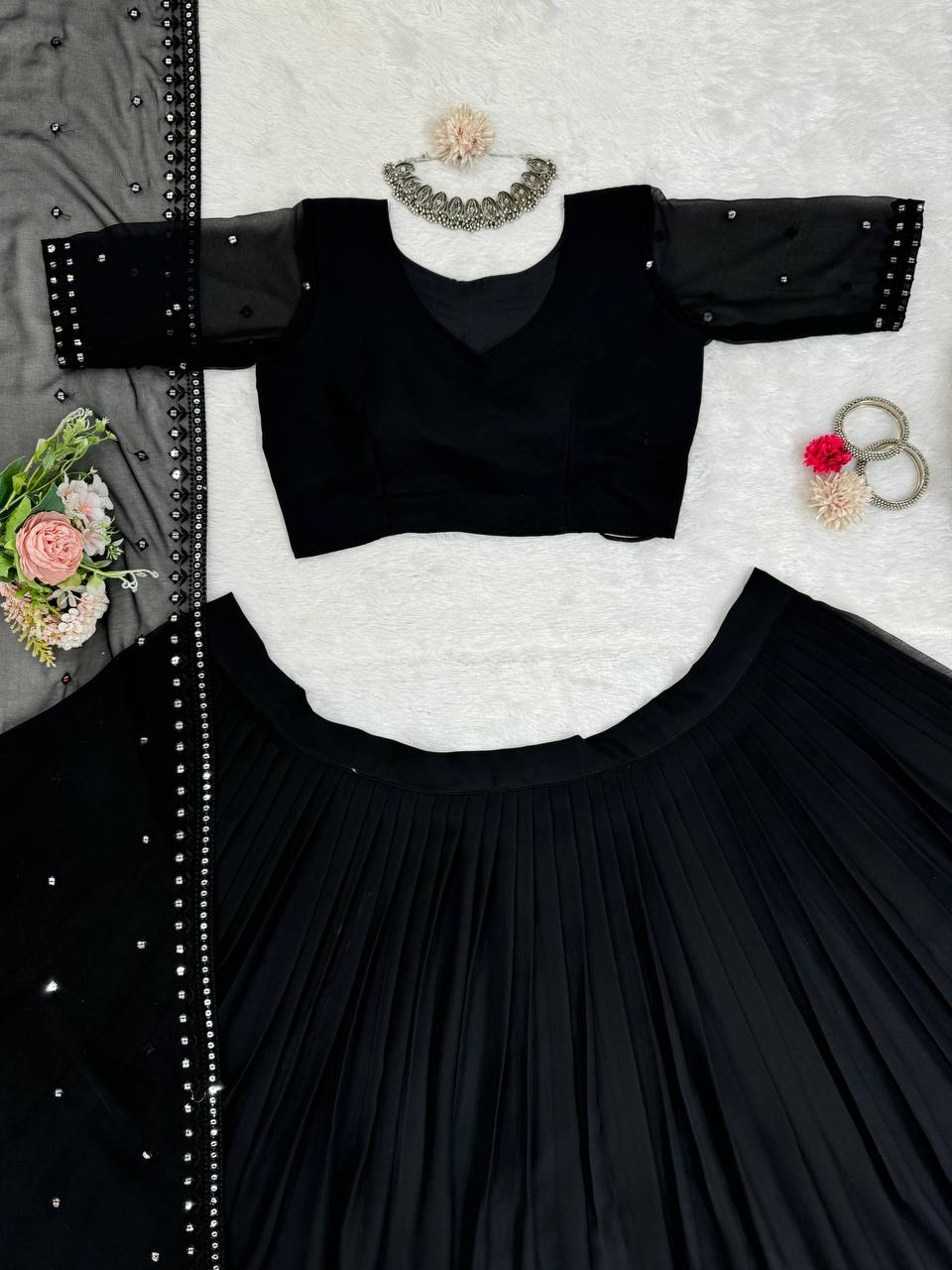 Black Glamorous Faux Georgette Lehenga Choli with Sequins & Lace Dupatta