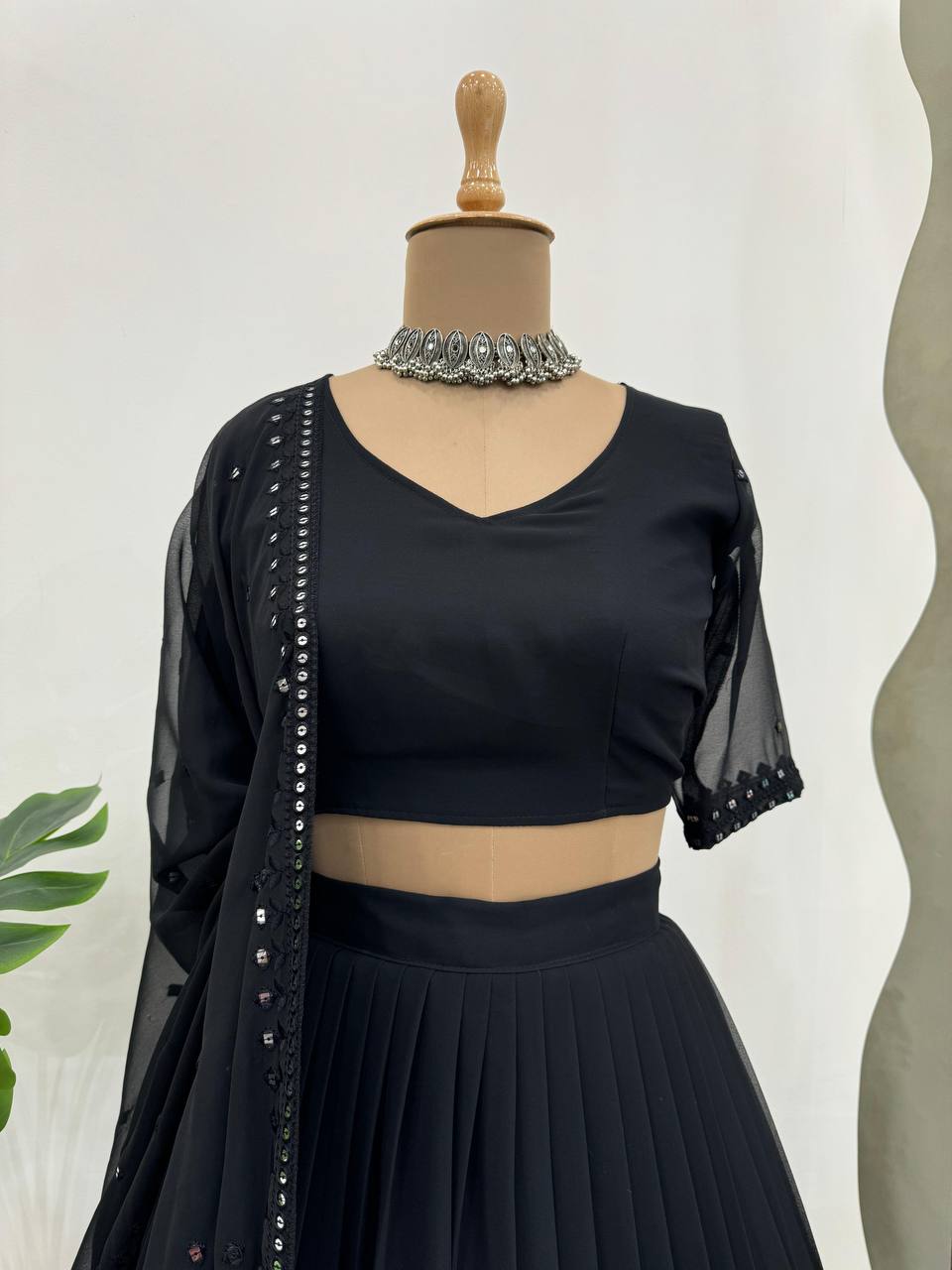 Black Glamorous Faux Georgette Lehenga Choli with Sequins & Lace Dupatta