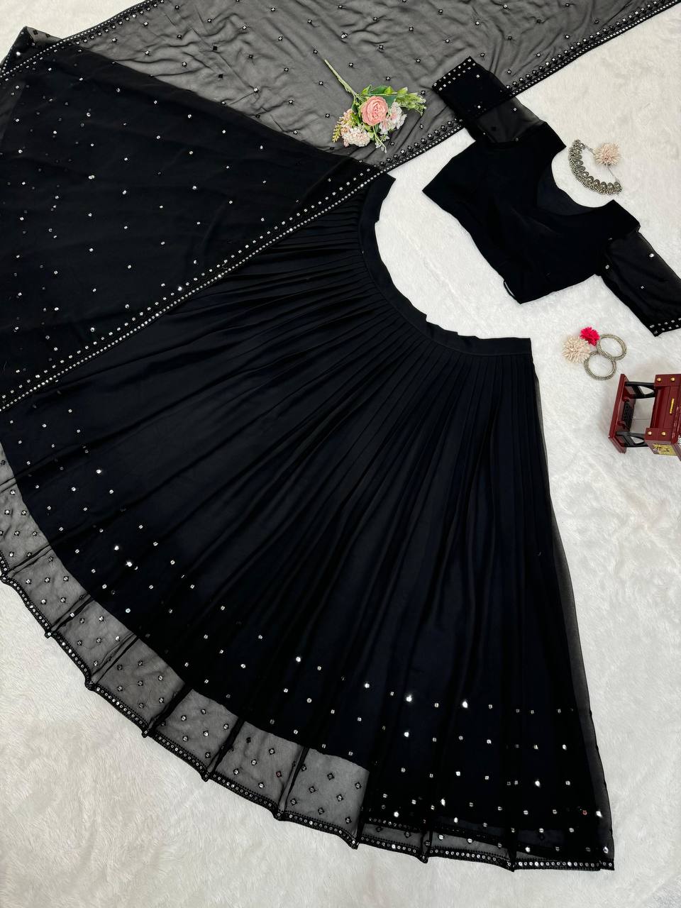 Black Glamorous Faux Georgette Lehenga Choli with Sequins & Lace Dupatta