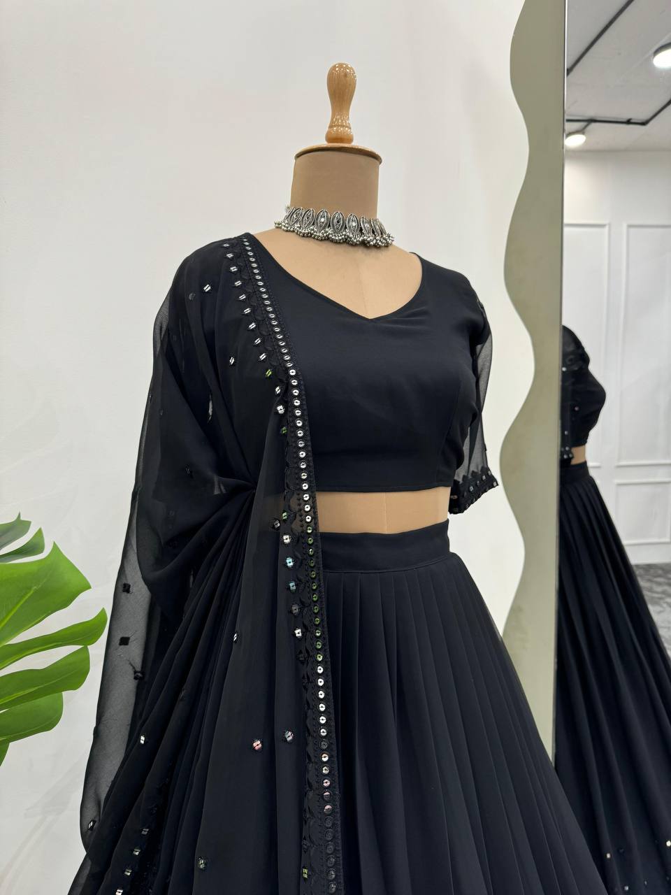 Black Glamorous Faux Georgette Lehenga Choli with Sequins & Lace Dupatta