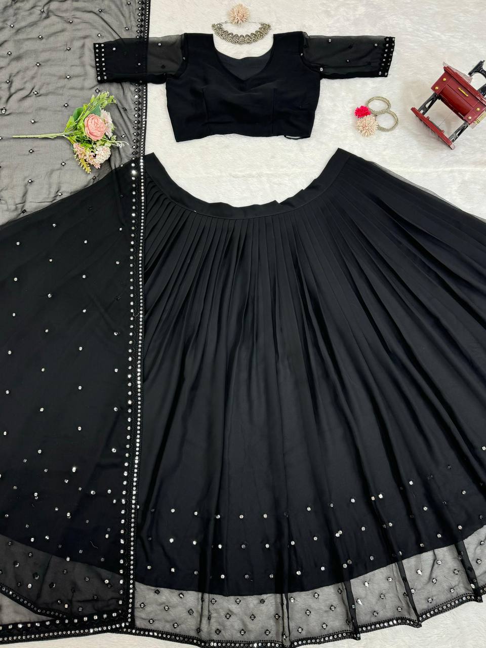 Black Glamorous Faux Georgette Lehenga Choli with Sequins & Lace Dupatta