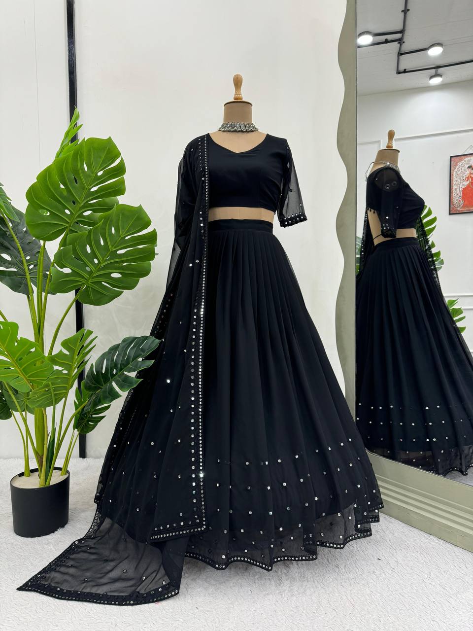 Black Glamorous Faux Georgette Lehenga Choli with Sequins & Lace Dupatta