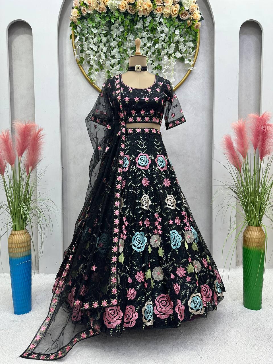 Black Graceful Soft Net Semi-Stitched Lehenga Choli Set with Elegant Sequence Work