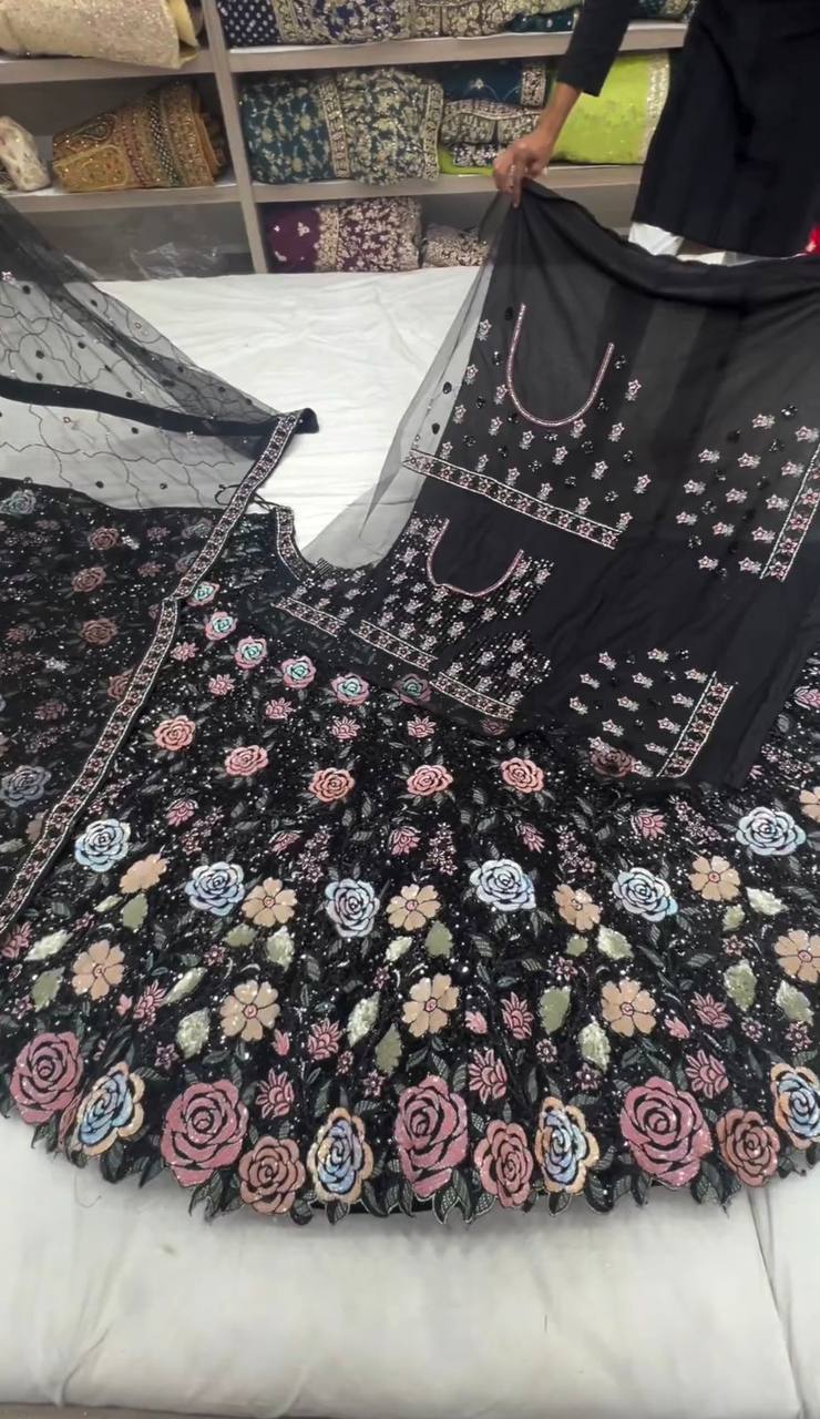 Black Graceful Soft Net Semi-Stitched Lehenga Choli Set with Elegant Sequence Work