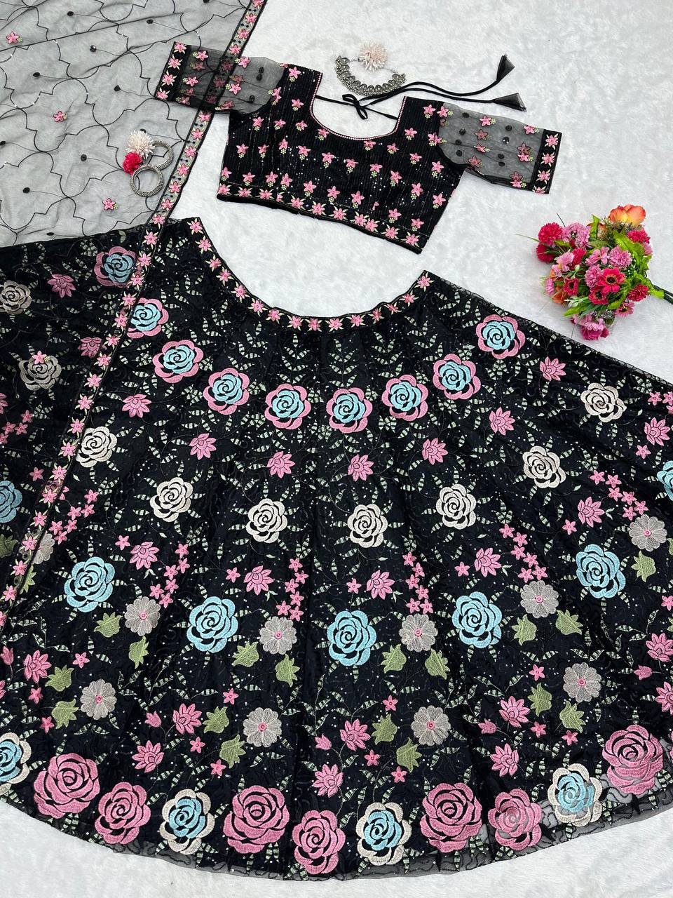 Black Graceful Soft Net Semi-Stitched Lehenga Choli Set with Elegant Sequence Work