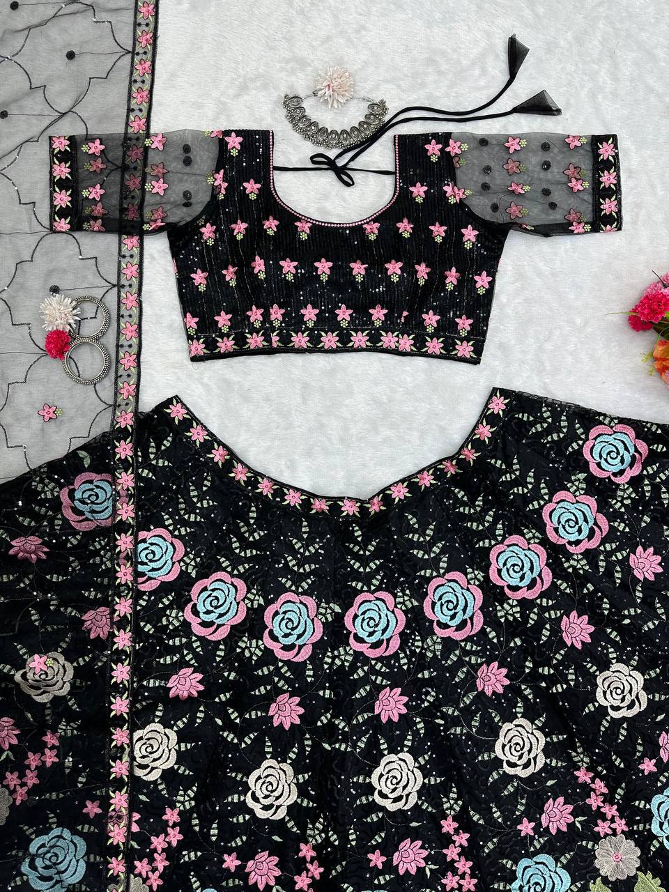 Black Graceful Soft Net Semi-Stitched Lehenga Choli Set with Elegant Sequence Work