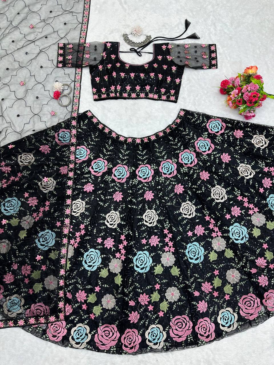 Black Graceful Soft Net Semi-Stitched Lehenga Choli Set with Elegant Sequence Work