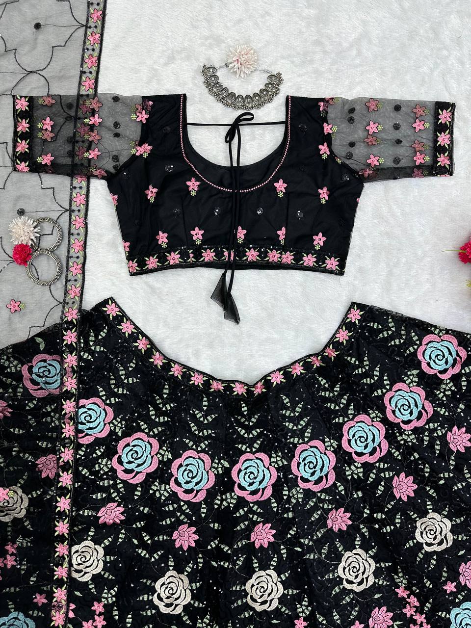 Black Graceful Soft Net Semi-Stitched Lehenga Choli Set with Elegant Sequence Work