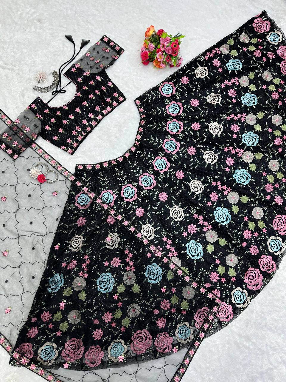 Black Graceful Soft Net Semi-Stitched Lehenga Choli Set with Elegant Sequence Work