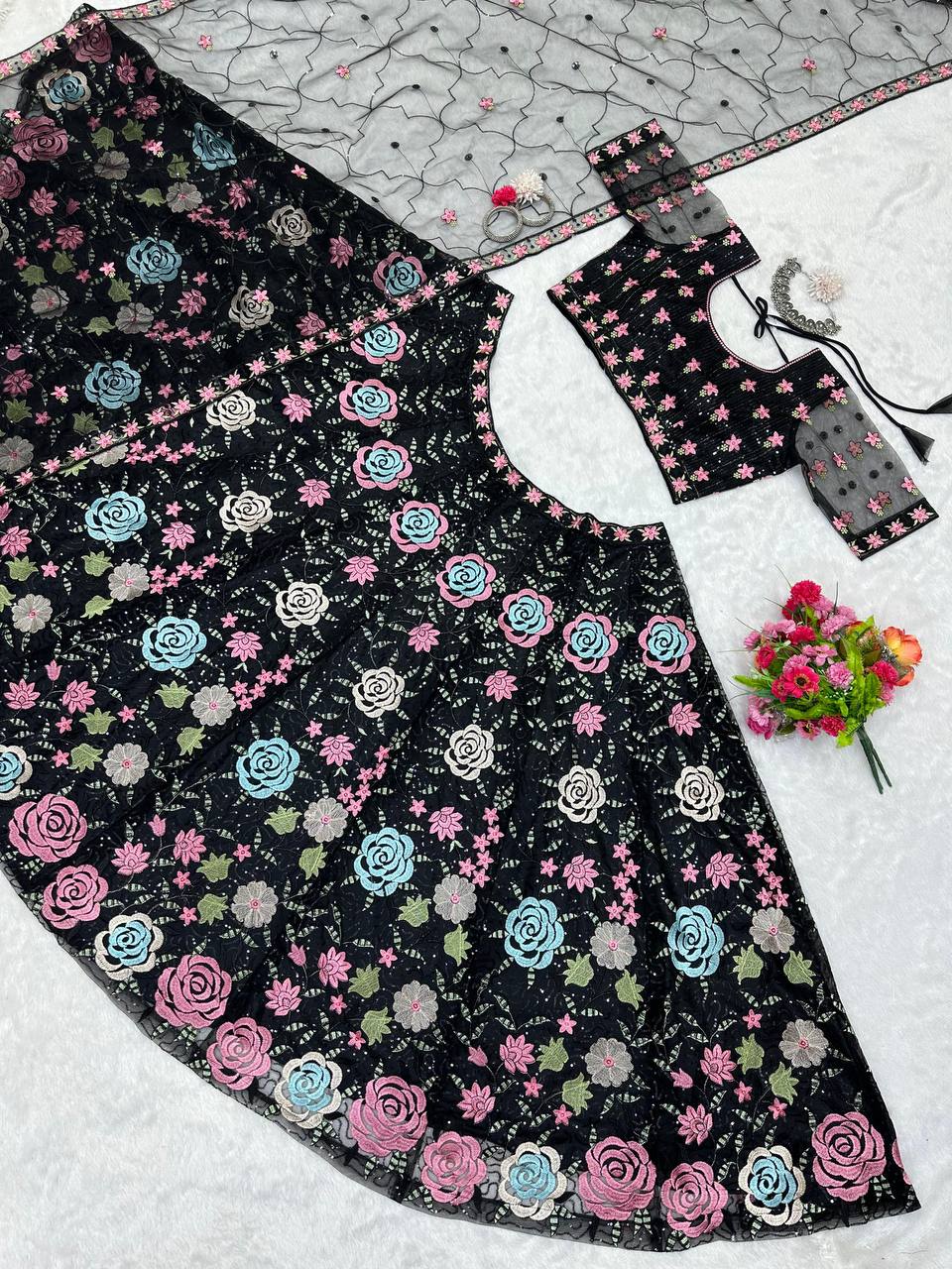 Black Graceful Soft Net Semi-Stitched Lehenga Choli Set with Elegant Sequence Work