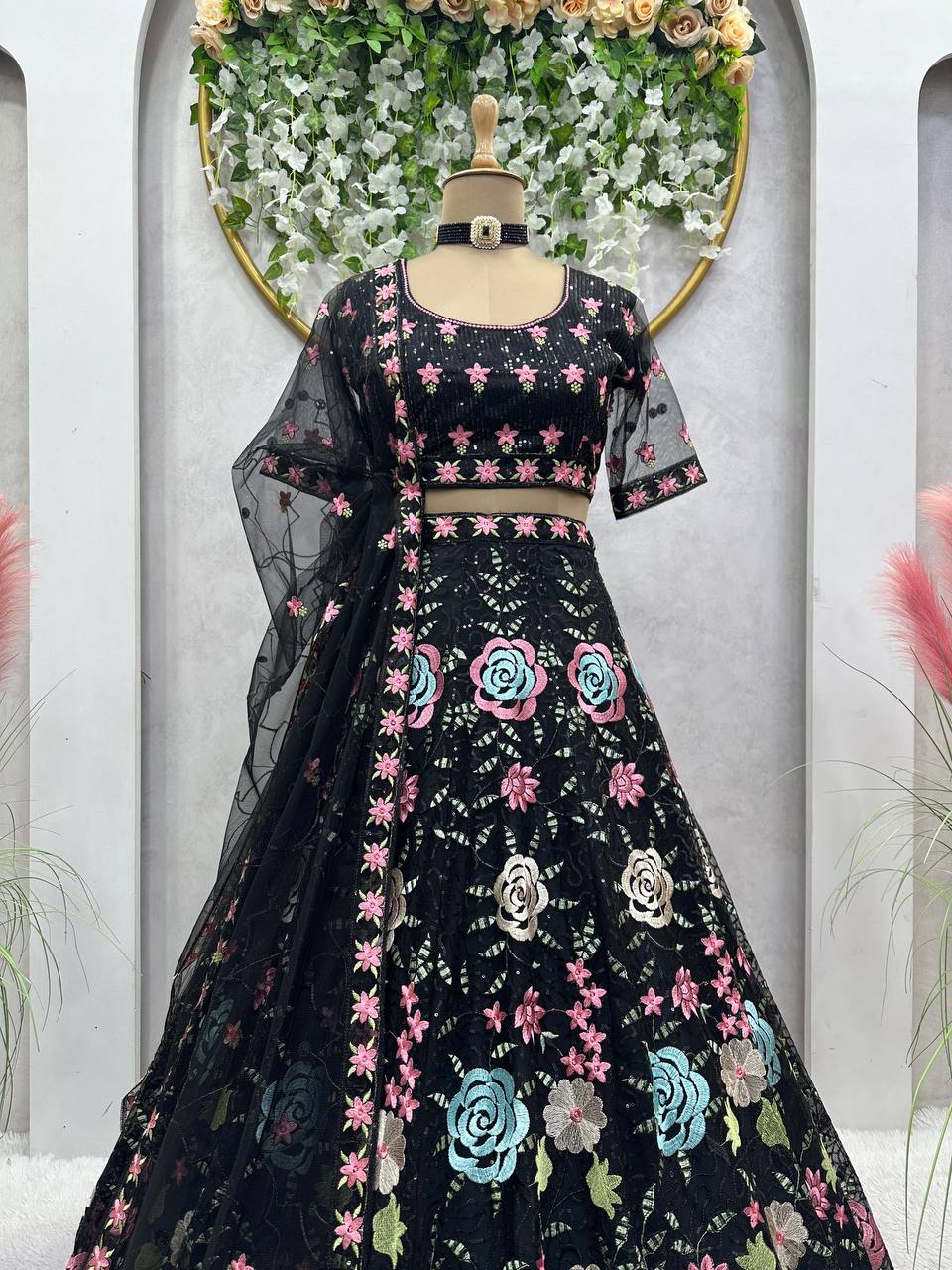 Black Graceful Soft Net Semi-Stitched Lehenga Choli Set with Elegant Sequence Work