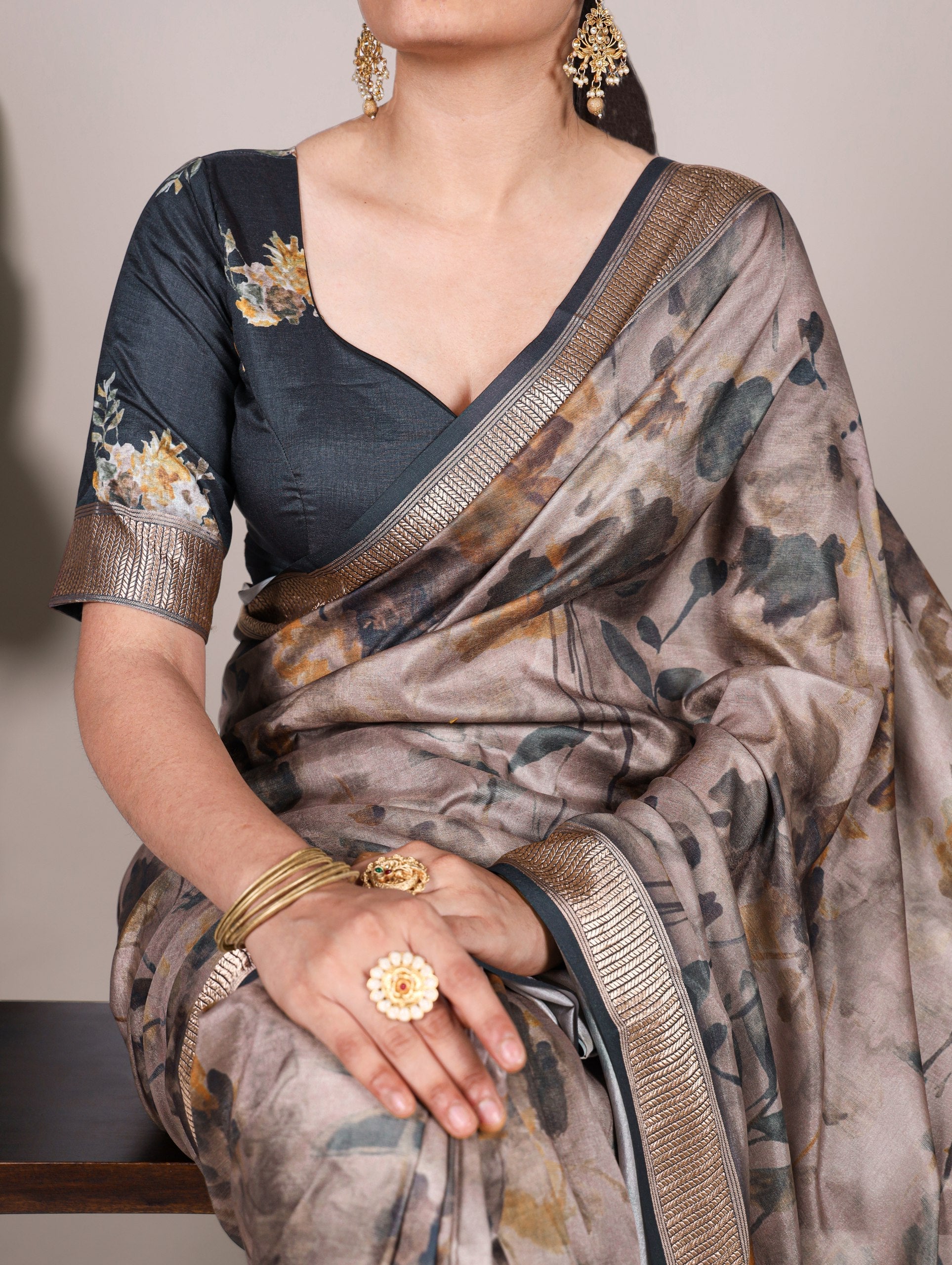 Black Graceful Tussar Silk Printed Saree with Viscose Border