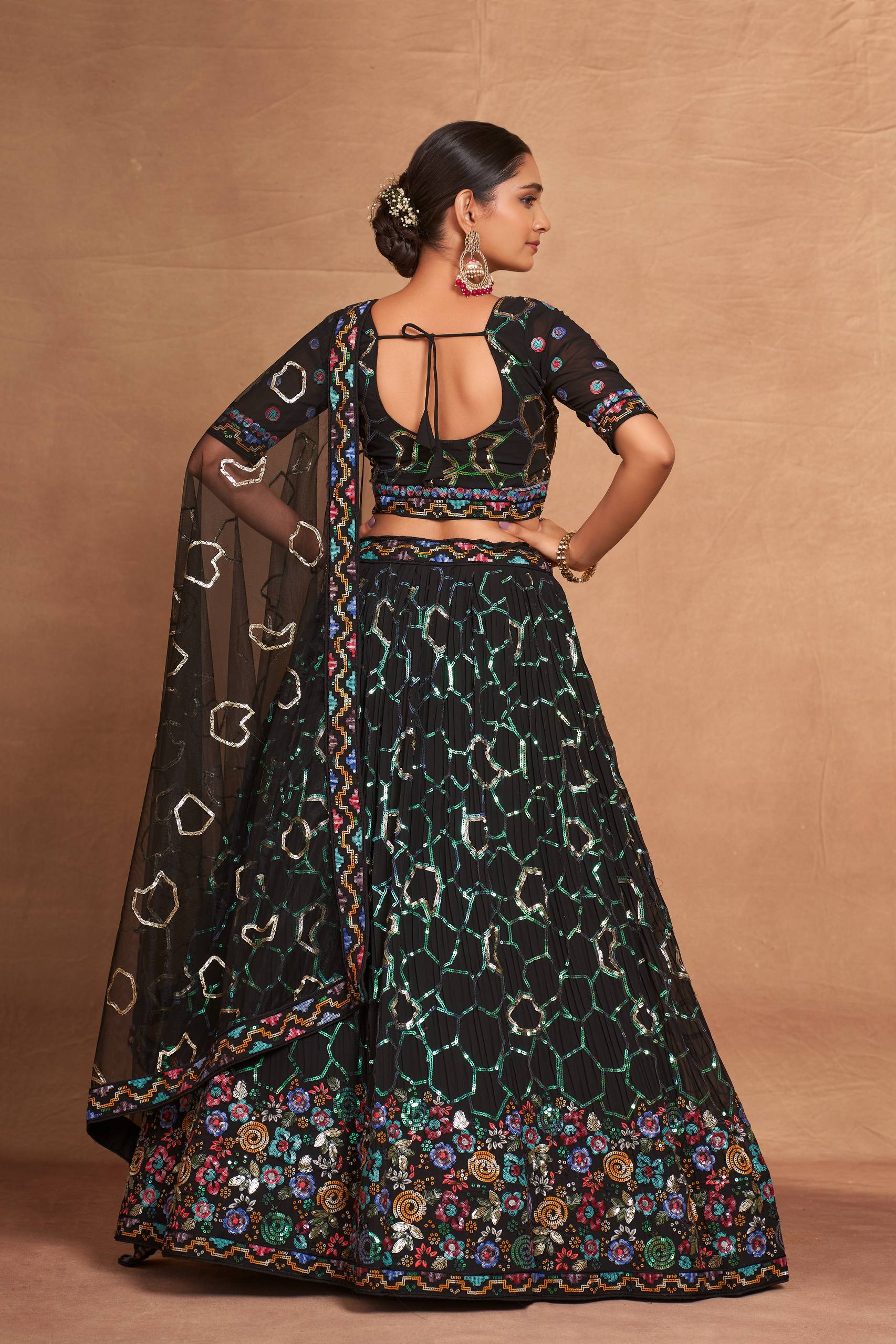 Black Heavy Georgette Embroidered Lehenga Choli Set with Sequins & Net Dupatta