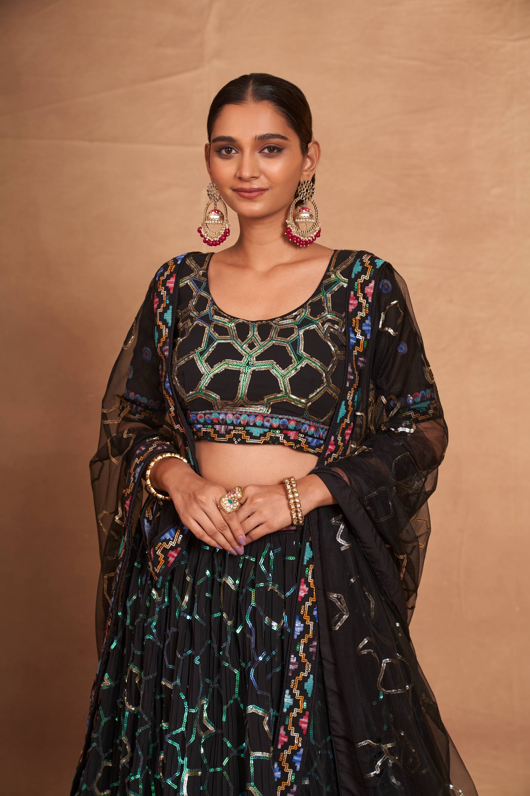 Black Heavy Georgette Embroidered Lehenga Choli Set with Sequins & Net Dupatta