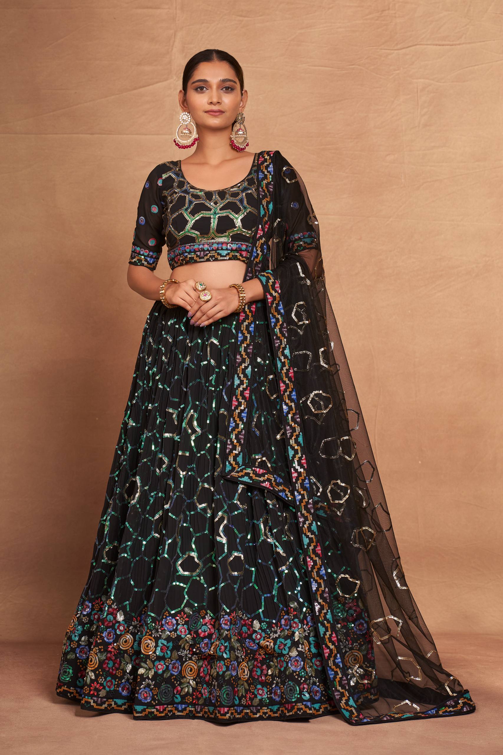 Black Heavy Georgette Embroidered Lehenga Choli Set with Sequins & Net Dupatta