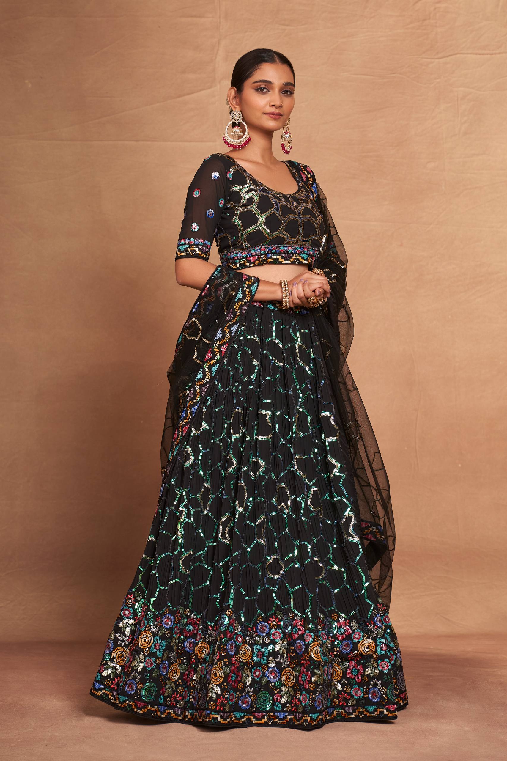 Black Heavy Georgette Embroidered Lehenga Choli Set with Sequins & Net Dupatta