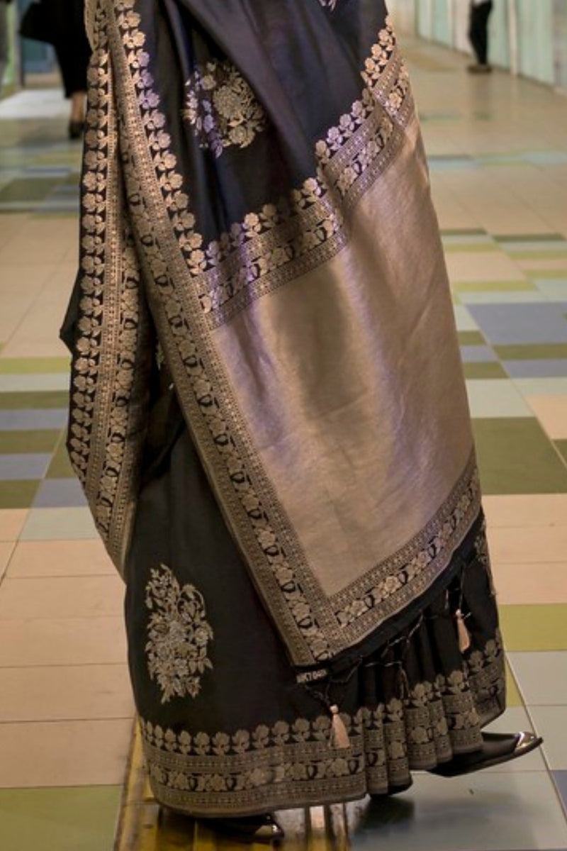 Black Katan Handloom Silk Saree with Blouse Piece