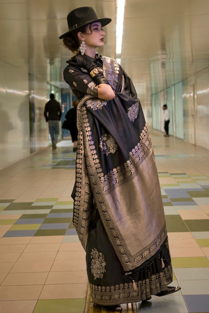 Black Katan Handloom Silk Saree with Blouse Piece