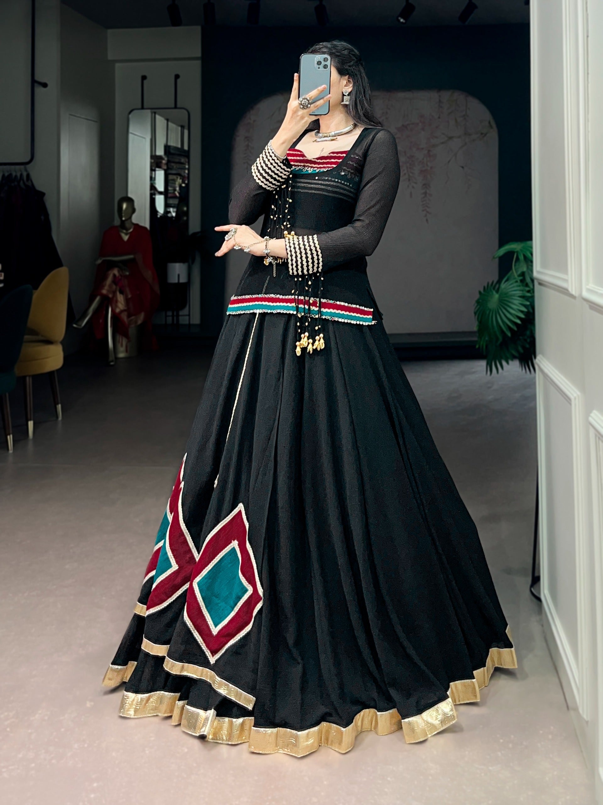 Black Lehenga with Sheer Tunic & Cowrie Detailing